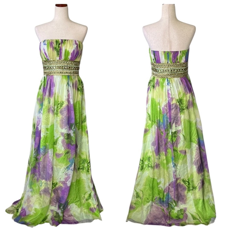 Camille La Vie Silk Watercolor Strapless Maxi Dress